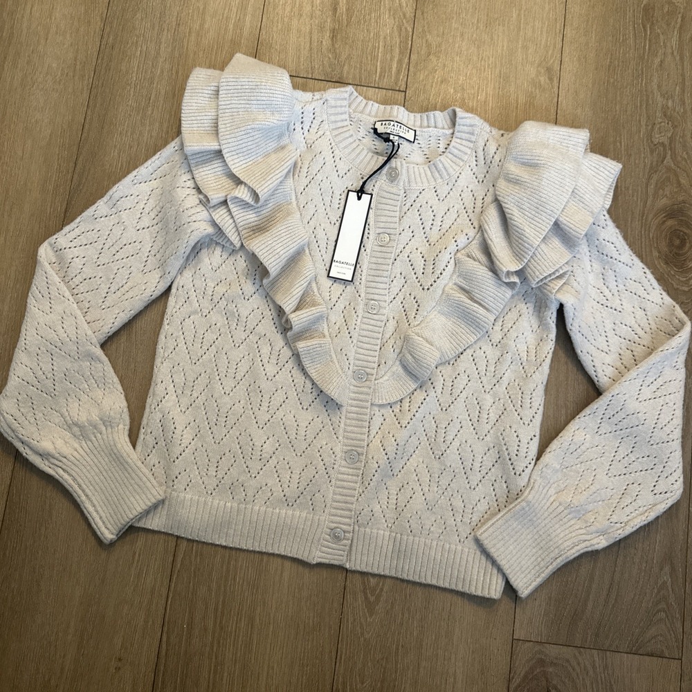 Bagatelle Ruffle Pointelle Knit Heart Cardigan Sweater Top Button Front Women Sm